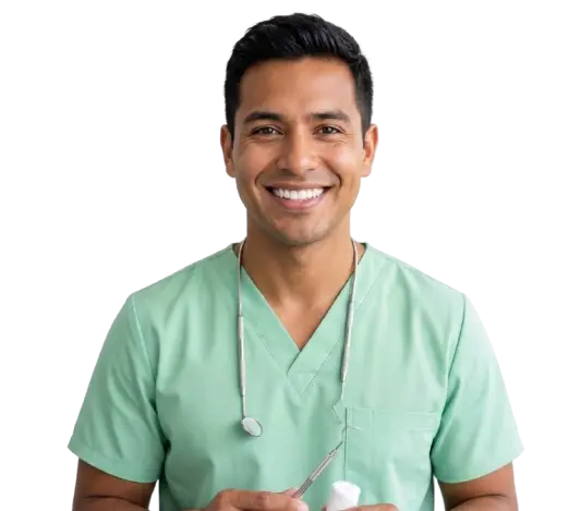 Dental hygienist in scrubs with mirror, explorer, and clinical instruments