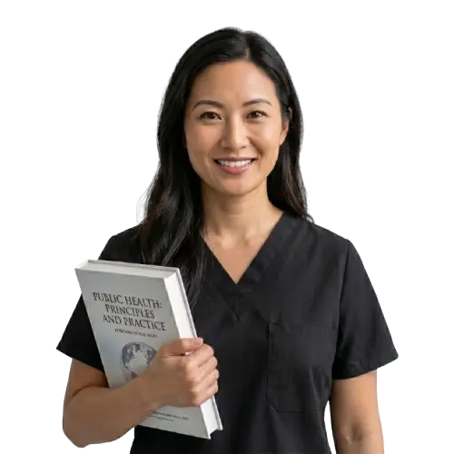 Public health student holding a textbook titled Public Health: Principles and Practice