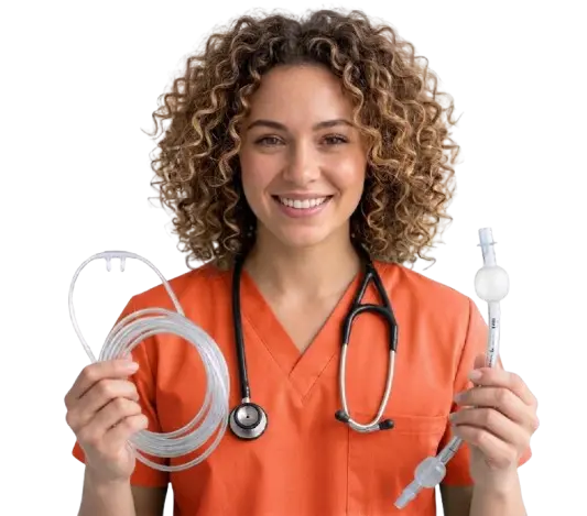 Respiratory therapist in orange scrubs with nasal cannula and airway equipment