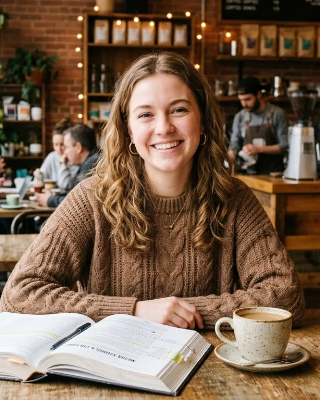 Student reviewing notes and smiling